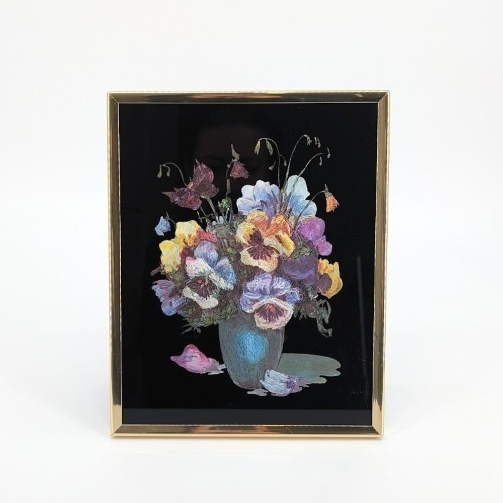 Kafka Screened Etching‎ 4084 Pansies Floral Gold Frame Vintage Made in USA 8x10